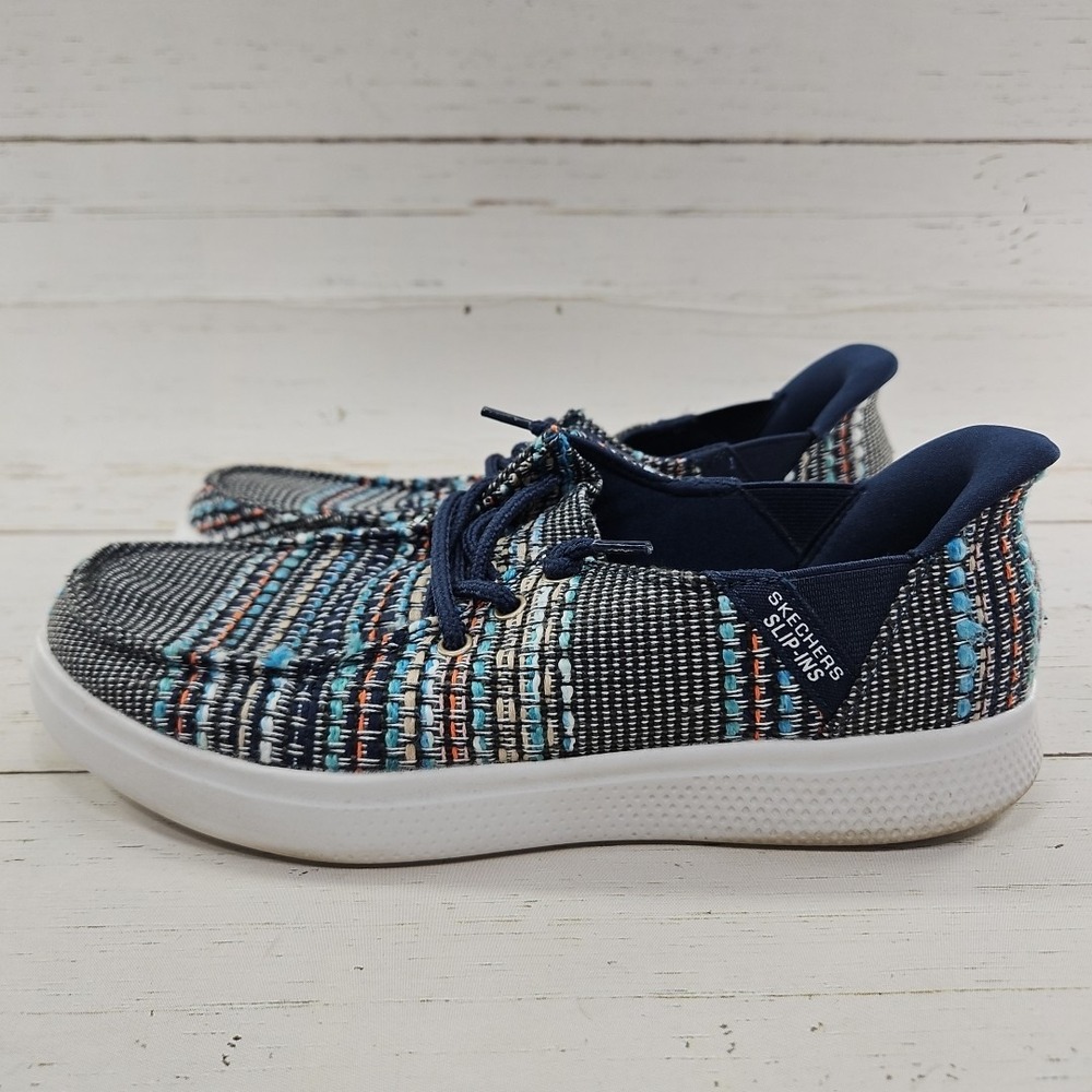 Skechers Slip Ins Bobs Skip‎ Cute 7.5 Blue Woven Aztec Vegan Comfort Shoe 114813